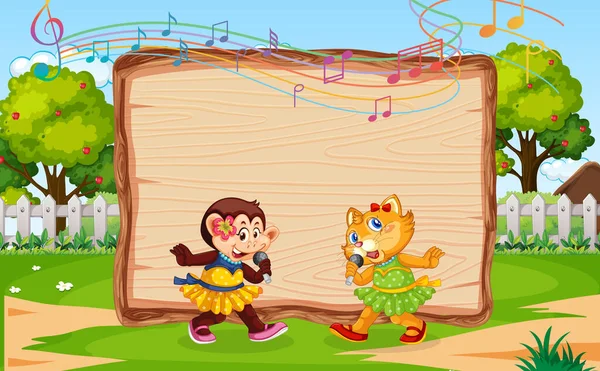 삽화에 나오는 고양이와 원숭이가 나무판 — 스톡 벡터
