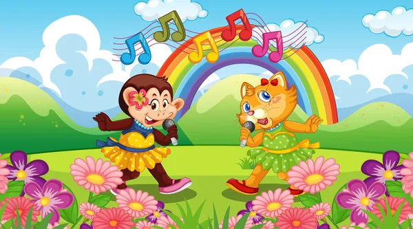 Animalitos Lindos Cantando Parque Ilustración — Vector de stock