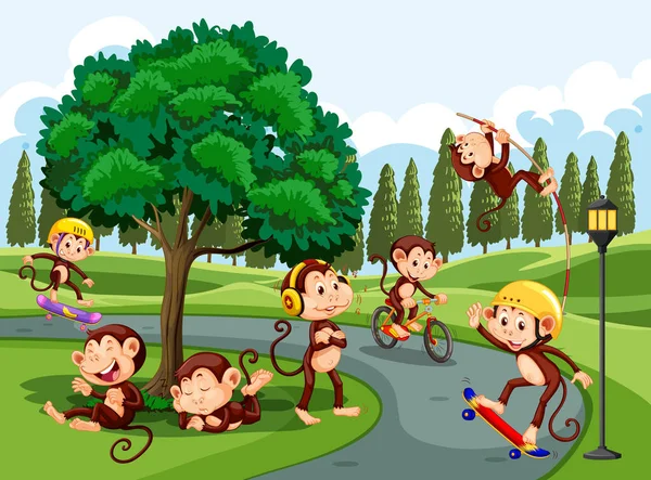 猴子在公园里做不同的活动 — 图库矢量图片