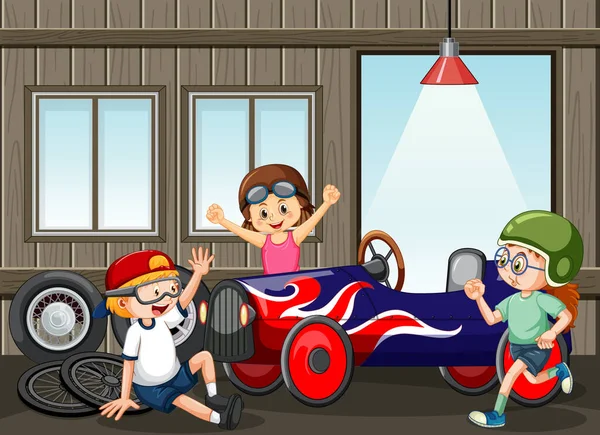 Scena Garażu Dziećmi Naprawianie Samochodu Razem Ilustracja — Wektor stockowy
