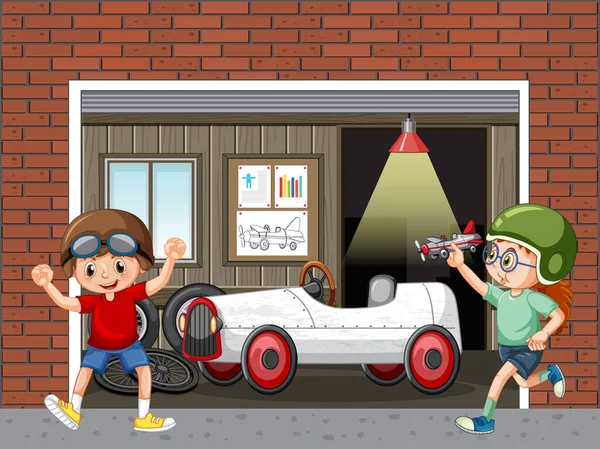 Garage Scene Met Kinderen Vaststelling Van Een Auto Samen Illustratie — Stockvector