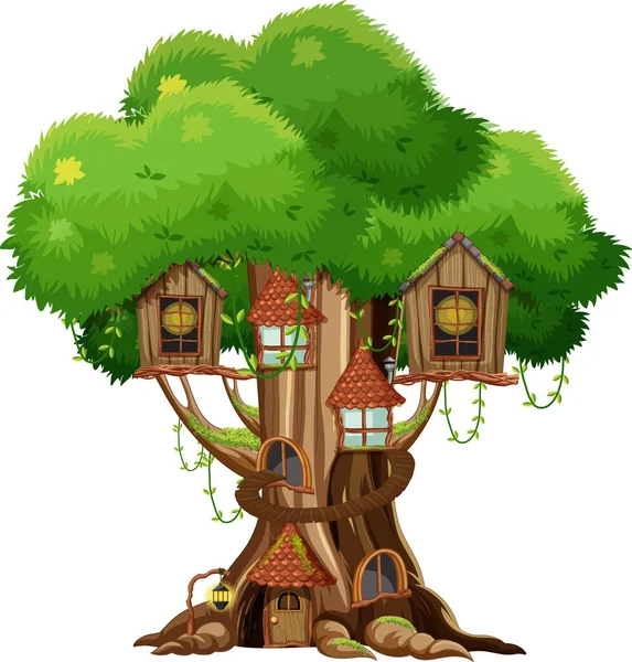 Fantaisie Arbre Maison Intérieur Tronc Arbre Sur Fond Blanc Illustration — Image vectorielle