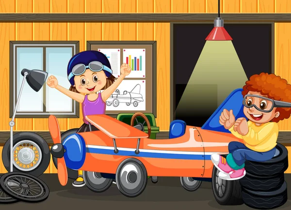 車を一緒に固定する子供たちとガレージシーンイラスト — ストックベクタ