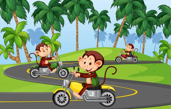 Escena Pista Carreras Con Monos Montando Motocicletas Ilustración — Archivo Imágenes Vectoriales