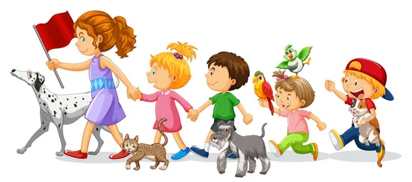 Children Walking Pets Illustration — стоковый вектор