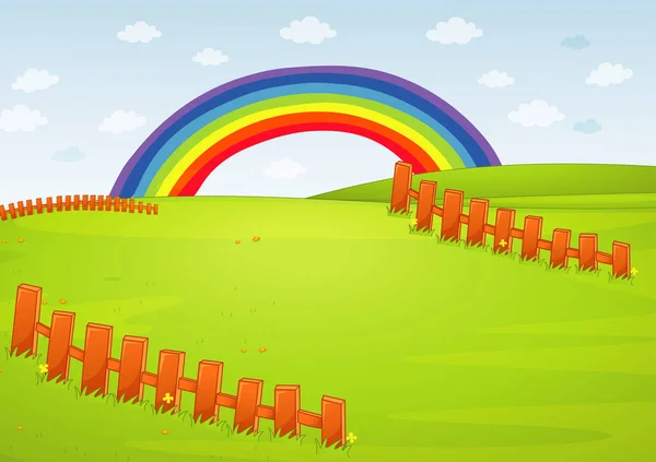 Blank Meadow Wooden Fences Rainbow Illustration — Stock Vector