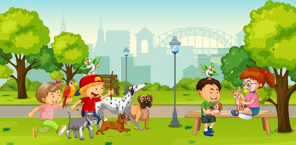 Enfants Jouant Avec Leurs Animaux Illustration Parc — Image vectorielle