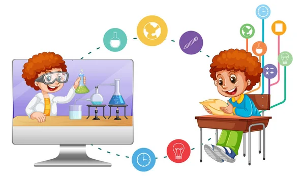 Menino Escola Com Ilustração Ícones Computador Educação —  Vetores de Stock