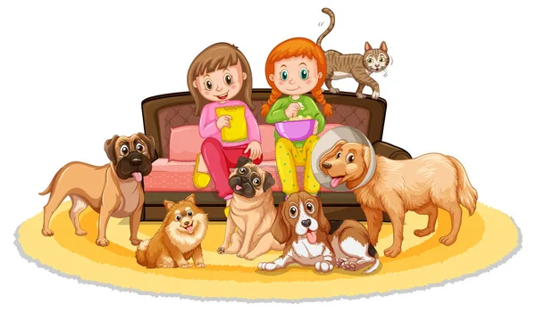 Dos Chicas Sentadas Sofá Con Sus Mascotas Ilustración — Vector de stock