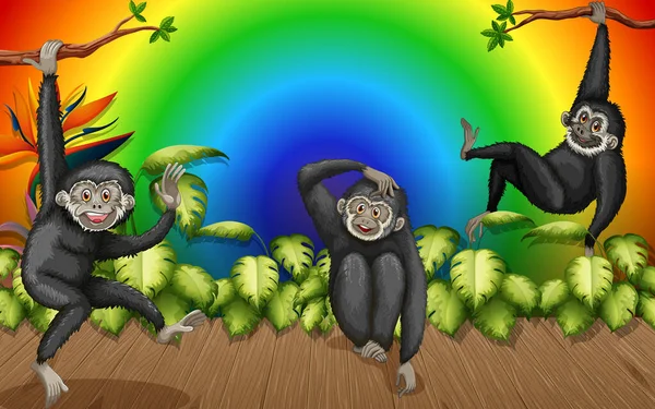 Gibbons Dans Forêt Sur Illustration Fond Arc Ciel Dégradé — Image vectorielle
