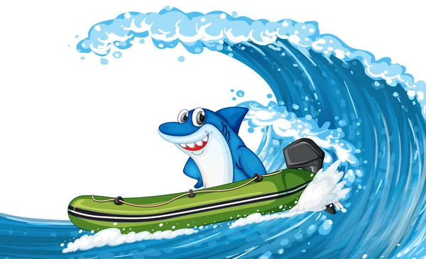 Tiburón Feliz Barco Inflable Con Ilustración Onda Oceánica — Vector de stock