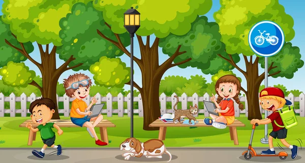 Cena Parque Com Crianças Usando Dispositivos Tecnologia Ilustração —  Vetores de Stock
