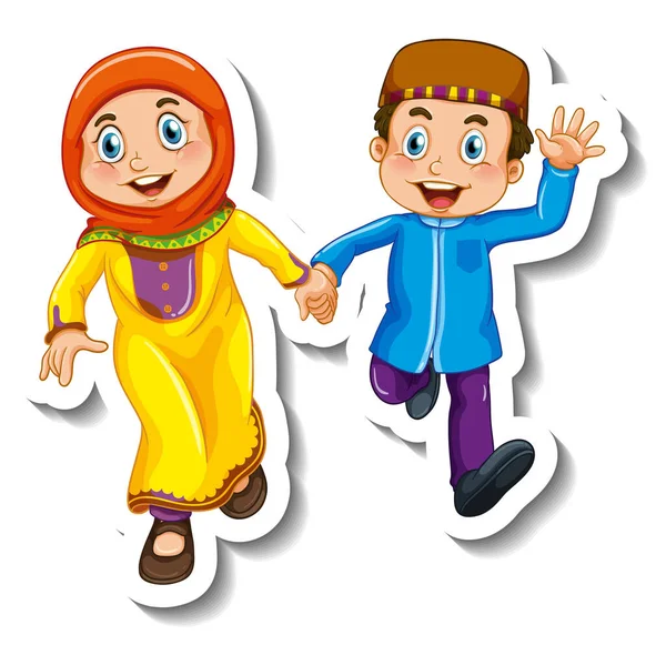 Sticker Template Met Een Paar Moslim Kinderen Cartoon Karakter Geïsoleerde — Stockvector