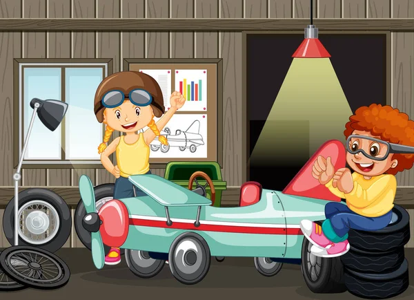 Garage Scene Met Kinderen Vaststelling Van Een Auto Samen Illustratie — Stockvector