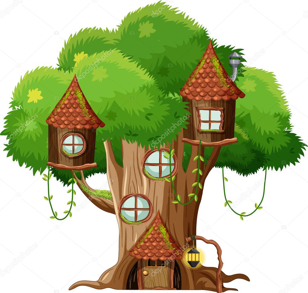 Fantasy tree house inside tree trunk on white background illustration