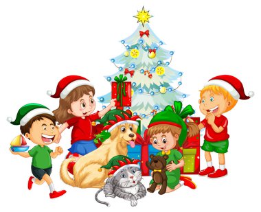 Noel temalı resimde çocuklar ve köpekler