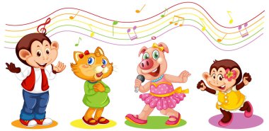 Sevimli hayvanlar melodi sembolleriyle şarkı söyleyerek performans sergiliyorlar.