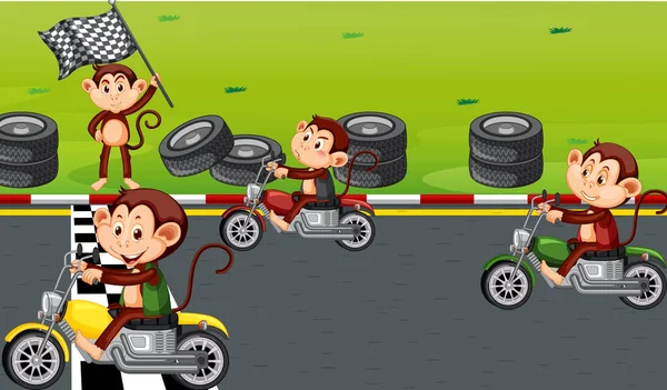 猴子骑摩托车的赛马场 — 图库矢量图片