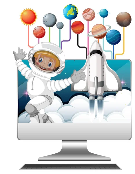 Computer Astronaut Cartoon Illustration — Vector de stock