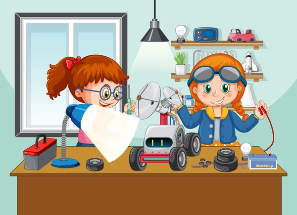 Children Fixing Robot Together Room Scene Illustration — Stock Vector
