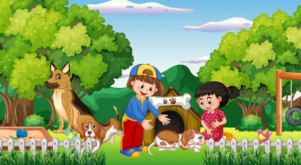 Outdoor Scene Met Kinderen Spelen Met Honden Illustratie — Stockvector