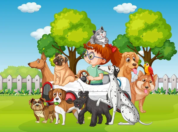 Park Scene Girl Playing Her Dogs Illustration — Stockvector