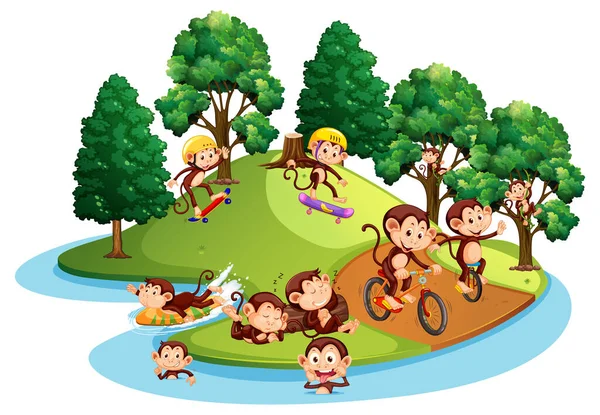 Isolated Island Many Monkeys Doing Different Activities Illustration — Stock Vector