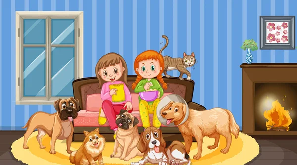 Two Girls Many Dogs Living Room Illustration — Stockvector