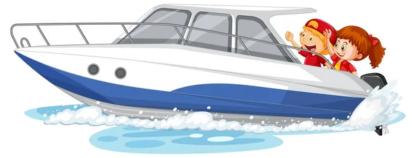 Couple Kids Speed Boat White Background Illustration — Stock Vector