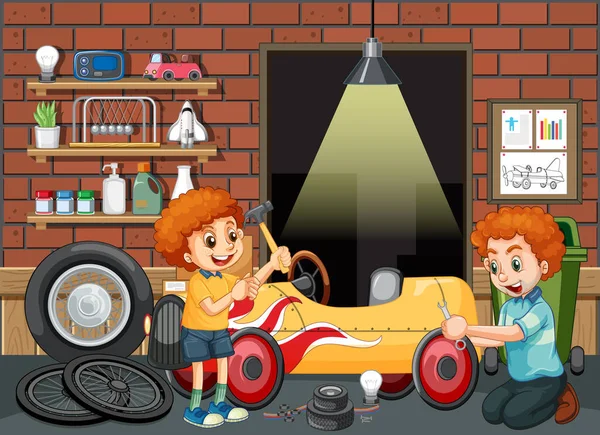 Garage Scene Children Fixing Car Together Illustration — Stock Vector
