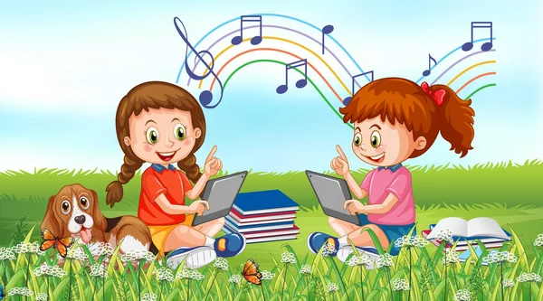 Park Scene Children Using Technology Devices Illustration — Stock Vector