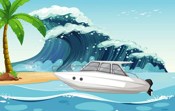 Cena Praia Com Barco Velocidade Ilustração Onda Mar — Vetor de Stock
