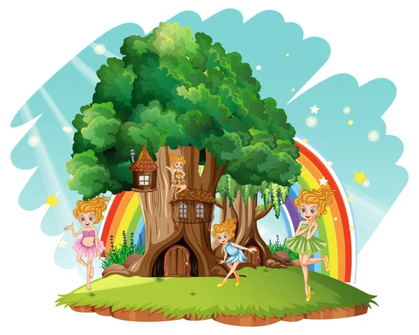 妖精のイラストと木の幹の中のファンタジーツリーハウス — ストックベクタ