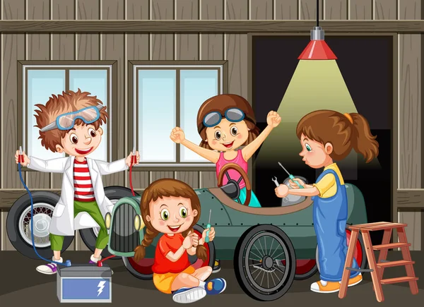 Garage Scen Med Barn Fastställande Bil Tillsammans Illustration — Stock vektor