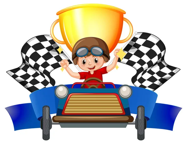 Vítěz Chlapec Závodním Autě Trofej Pozadí Ilustrace — Stockový vektor