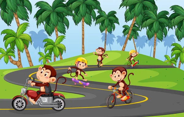 Road Scene Monkey Cartoon Character Illustration — Stock Vector