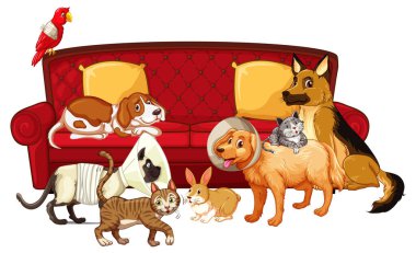 Köpek grupları beyaz arkaplan illüstrasyonunda ürerler