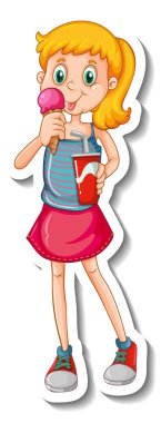 Dondurma yiyen bir kızın çıkartma şablonu. Karikatür karakteri izole edilmiş.