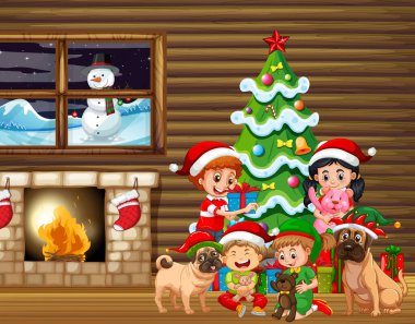 Noel temalı resimde çocuklar ve köpeklerin olduğu kapalı ev sahnesi