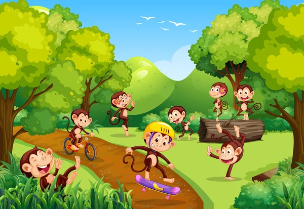 Adegan Hutan Dengan Monyet Melakukan Berbagai Kegiatan Ilustrasi - Stok Vektor