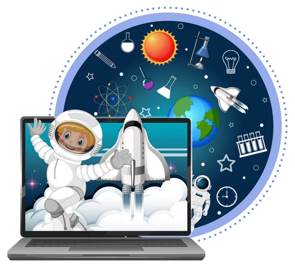 Ноутбук Космонавтом Ілюстрацією Космічних Піктограм — стоковий вектор