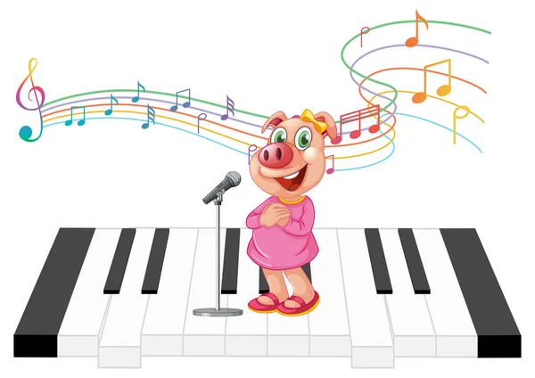 Cute Pig Cartoon Character Standing Piano Illustration — стоковый вектор