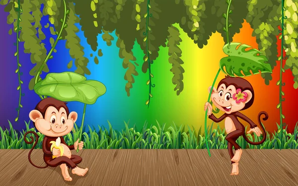 Scimmia Nella Foresta Gradiente Arcobaleno Sfondo Illustrazione — Vettoriale Stock