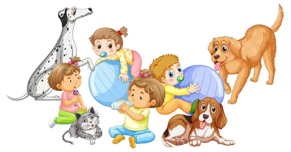 Cute Babies Group Dogs White Background Illustration — стоковый вектор