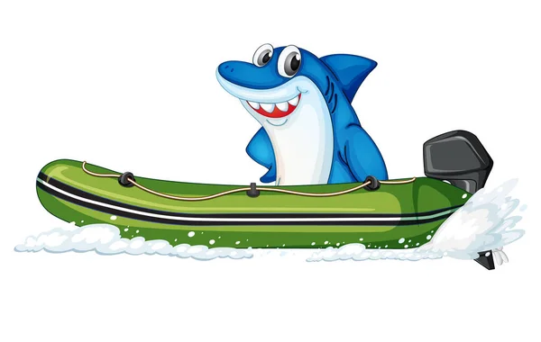 Tubarão Feliz Barco Bote Fundo Branco Ilustração — Vetor de Stock