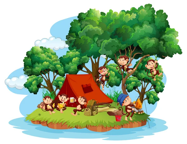 Isolated Island Many Monkeys Cartoon Illustration — Stock Vector