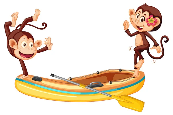 Funny Little Monkeys Inflatable Boat Illustration — Stock Vector
