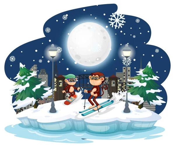Monkey Skiing Snow Night Scene Illustration — Stock Vector