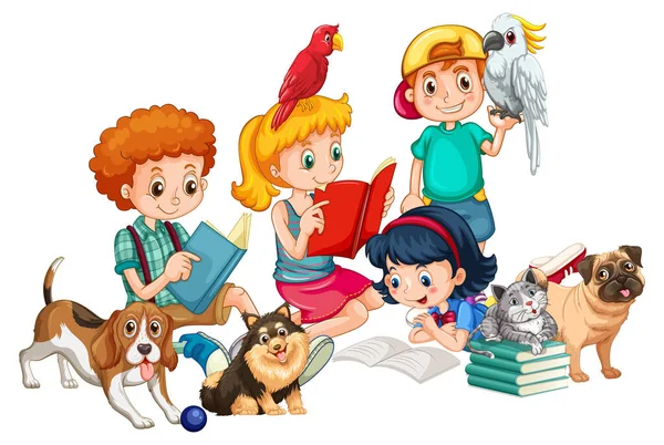 Kinderen Met Hun Honden Witte Achtergrond Illustratie — Stockvector