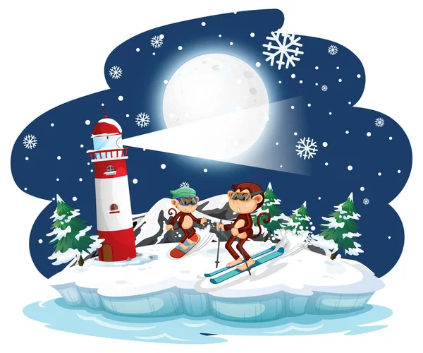 Monkey Skiing Snow Night Scene Illustration — Archivo Imágenes Vectoriales